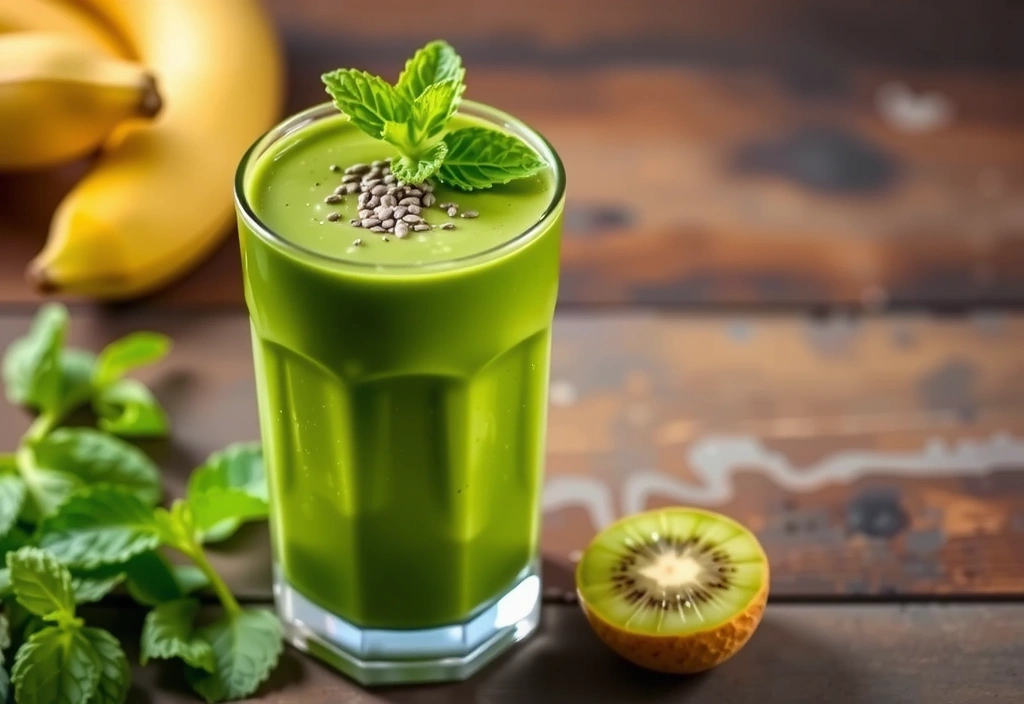 Smoothie με σπανάκι, μπανάνα, ακτινίδιο και σπόρους chia.