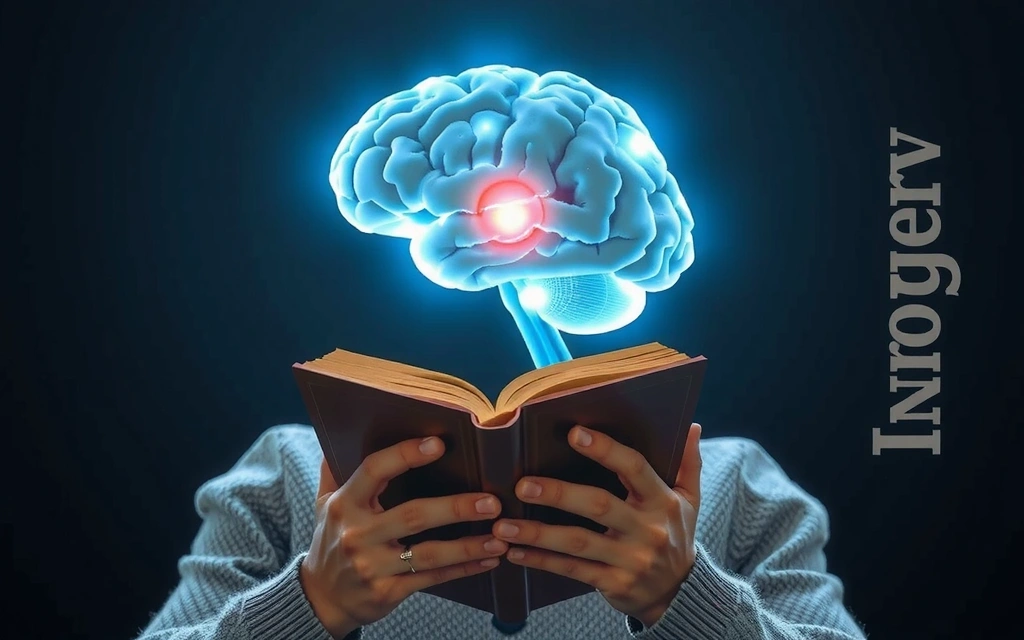 Άτομο που διαβάζει ένα βιβλίο με φόντο έναν φωτισμένο εγκέφαλο, συμβολίζοντας τη βελτίωση της συγκέντρωσης και της μνήμης.