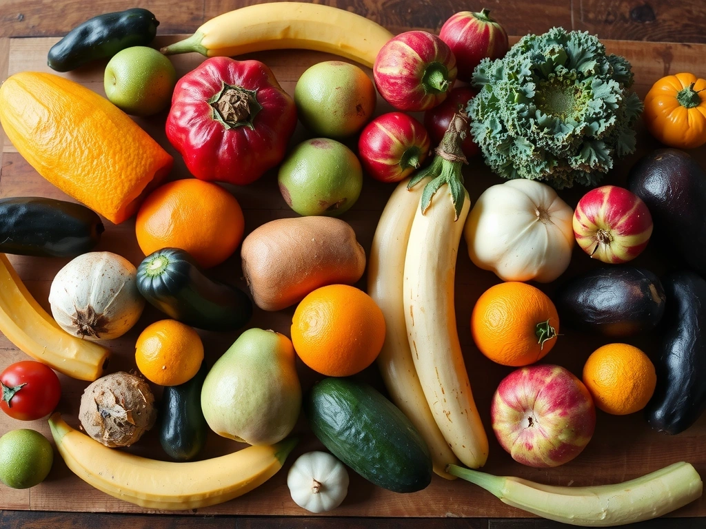 Μια μεγάλη ποικιλία από φρούτα και λαχανικά, απεικονίζοντας πλούσιες φυσικές πηγές βιταμινών.