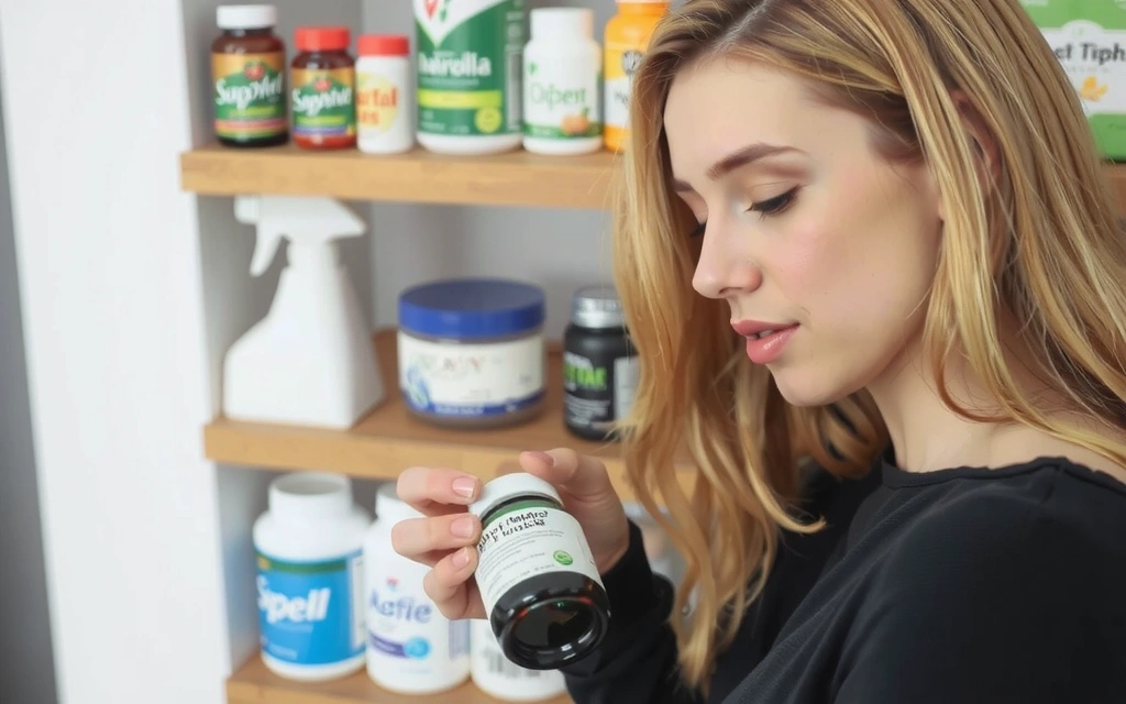 Γυναίκα που διαβάζει προσεκτικά την ετικέτα ενός μπουκαλιού συμπληρωμάτων, τονίζοντας τη σημασία της ενημερωμένης επιλογής.